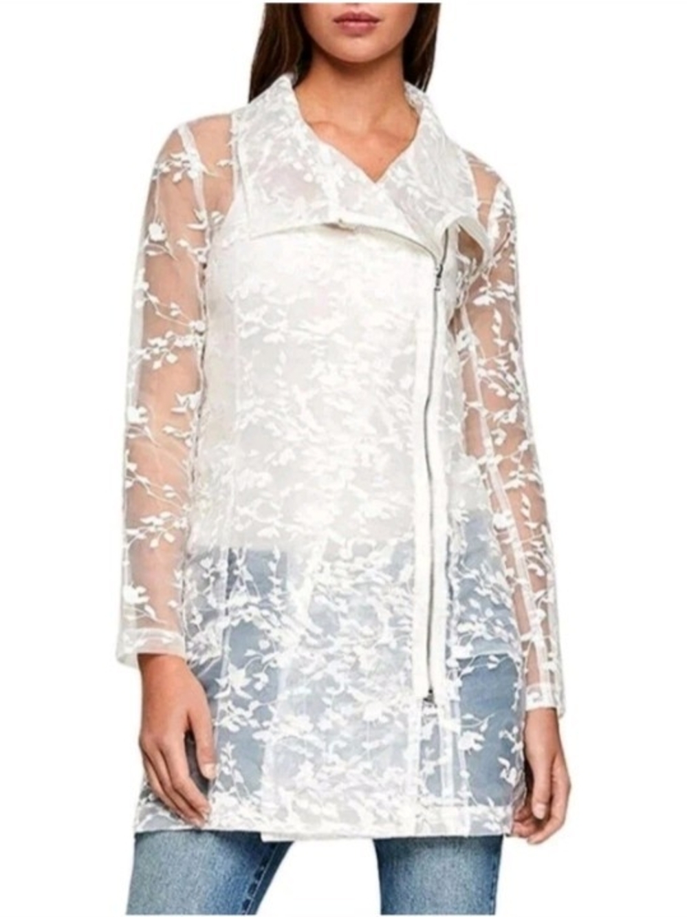 BCBGenerations Women's Organza White Woven Anorak Floral Embroidered Jacket